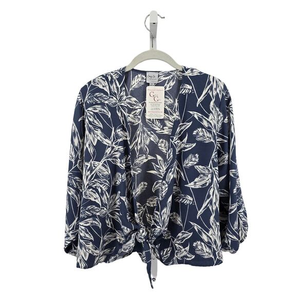 Cozy Co Blue White Over Shirt Womens Small Kimono Cardigan Leaf Print Tie Front - Picture 1 of 7